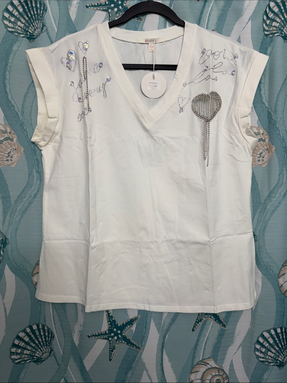 Pastels White V-Neck Tank Top with Rhinestone Heart Detail